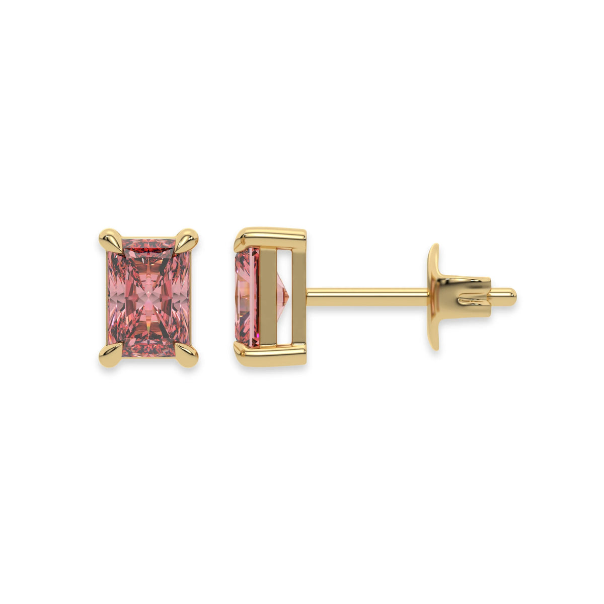 14k yellow gold Radiant Diamond Earrings made with a fancy pink radiant cut diamond set in a four prong setting