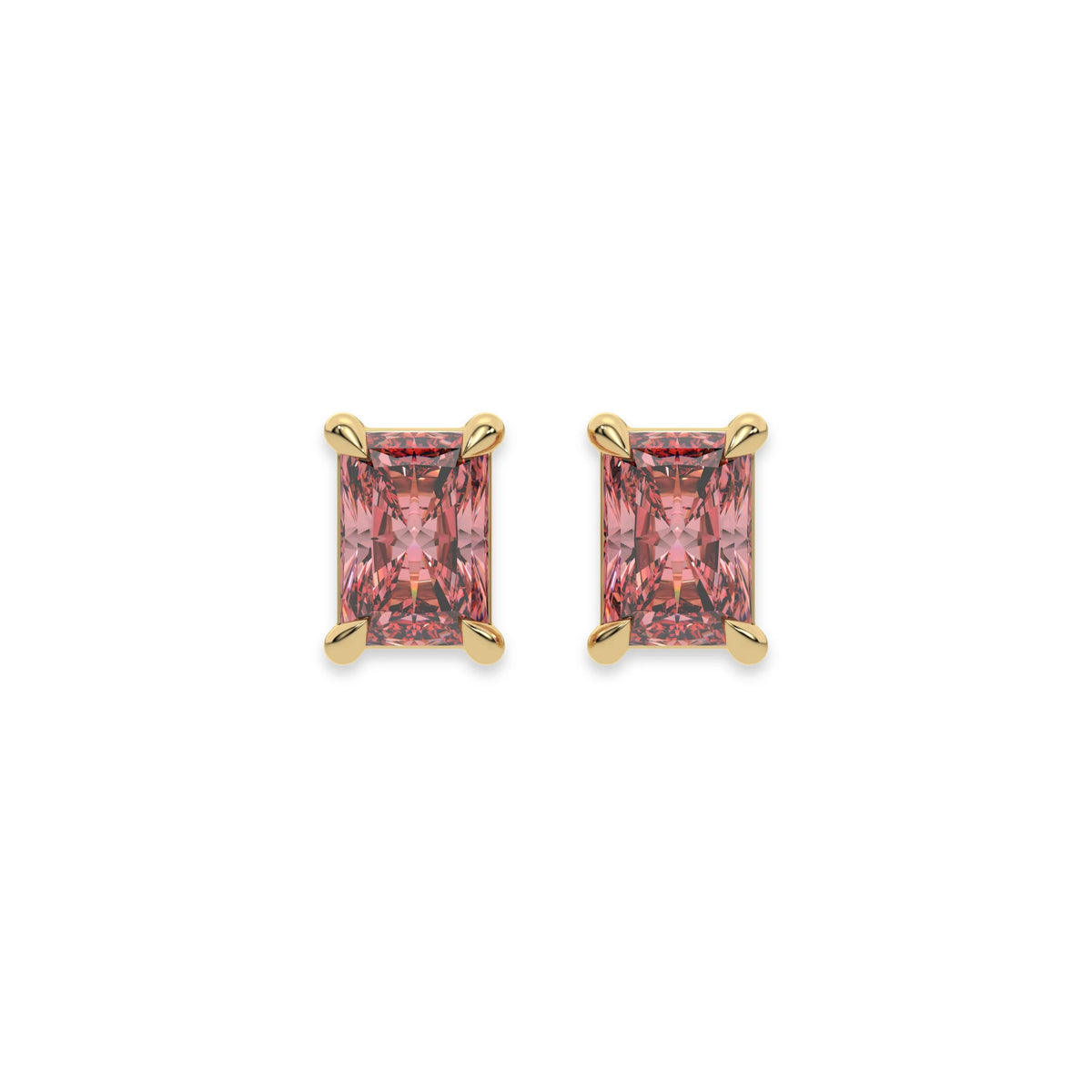 10k white gold Radiant Diamond Earrings made with a fancy pink radiant cut diamond set in a four prong setting