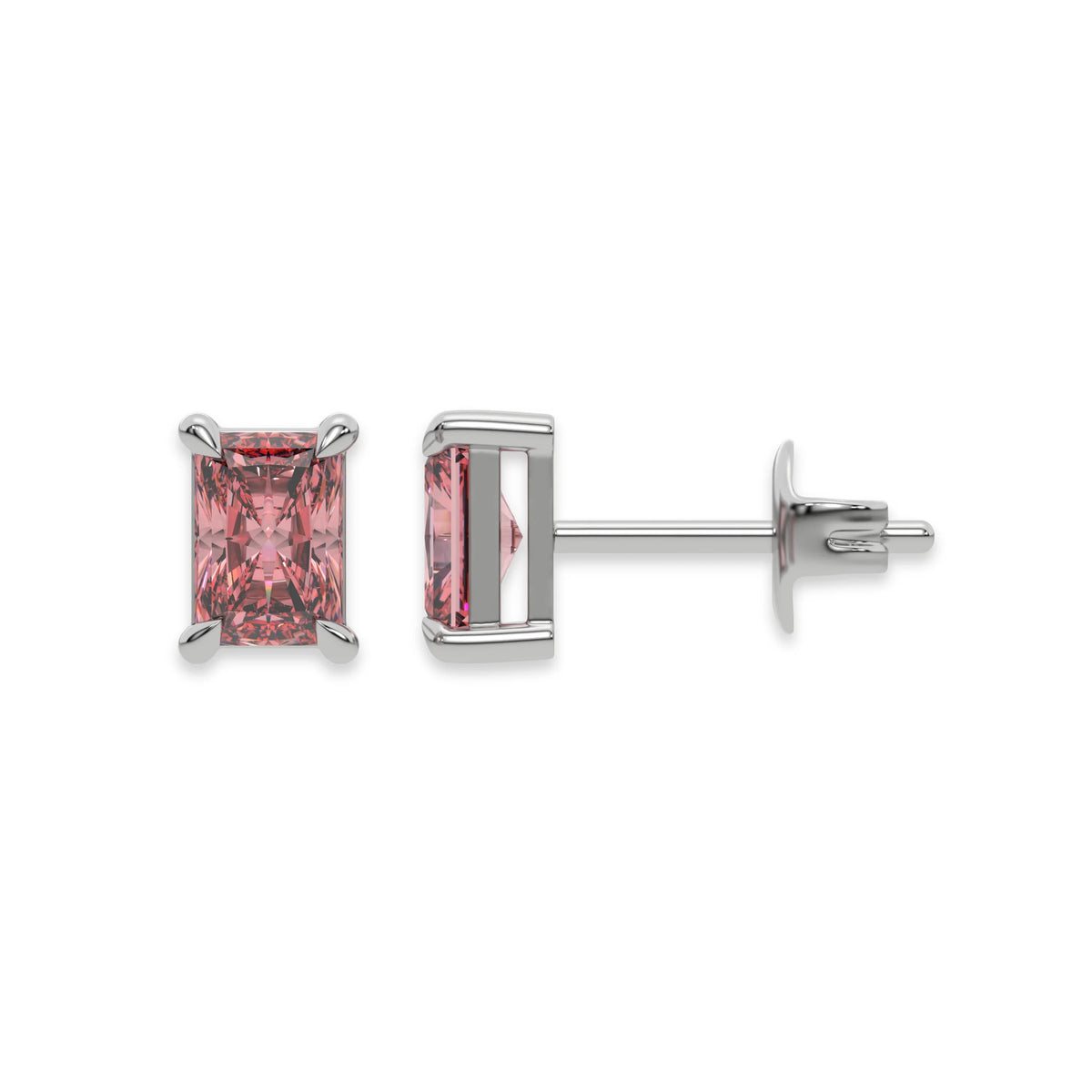 18k white gold Radiant Diamond Earrings made with a fancy pink radiant cut diamond set in a four prong setting