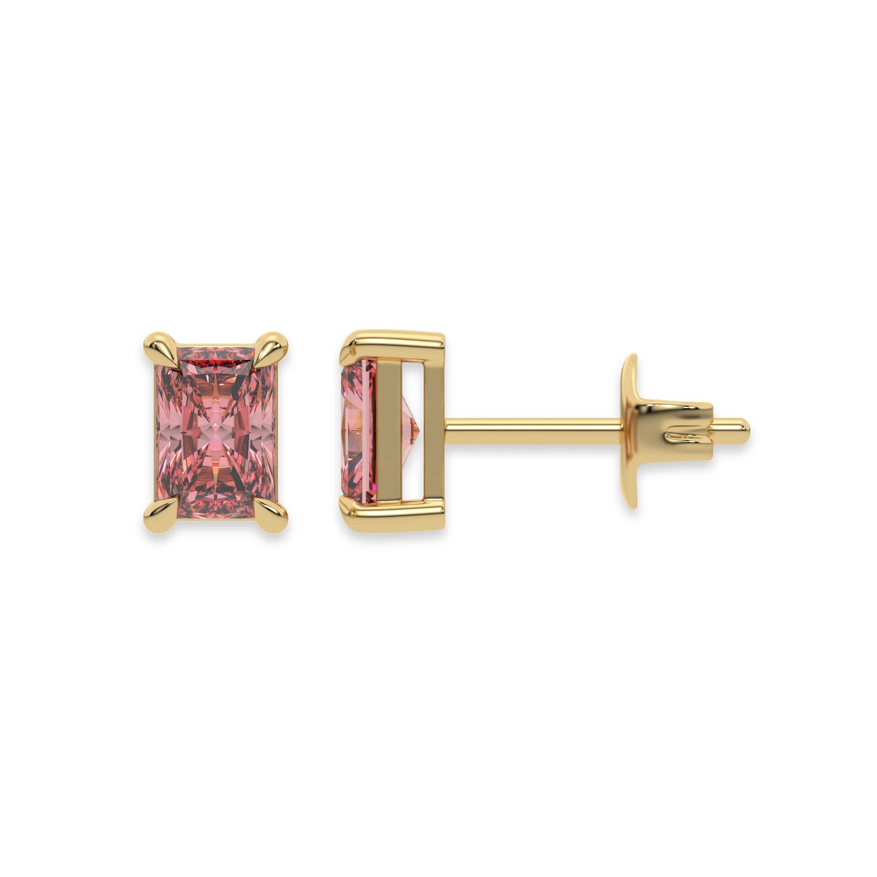 This yellow gold Classic Radiant Diamond Earrings made with a fancy pink radiant-cut diamonds set in a four prong setting in top view and side view