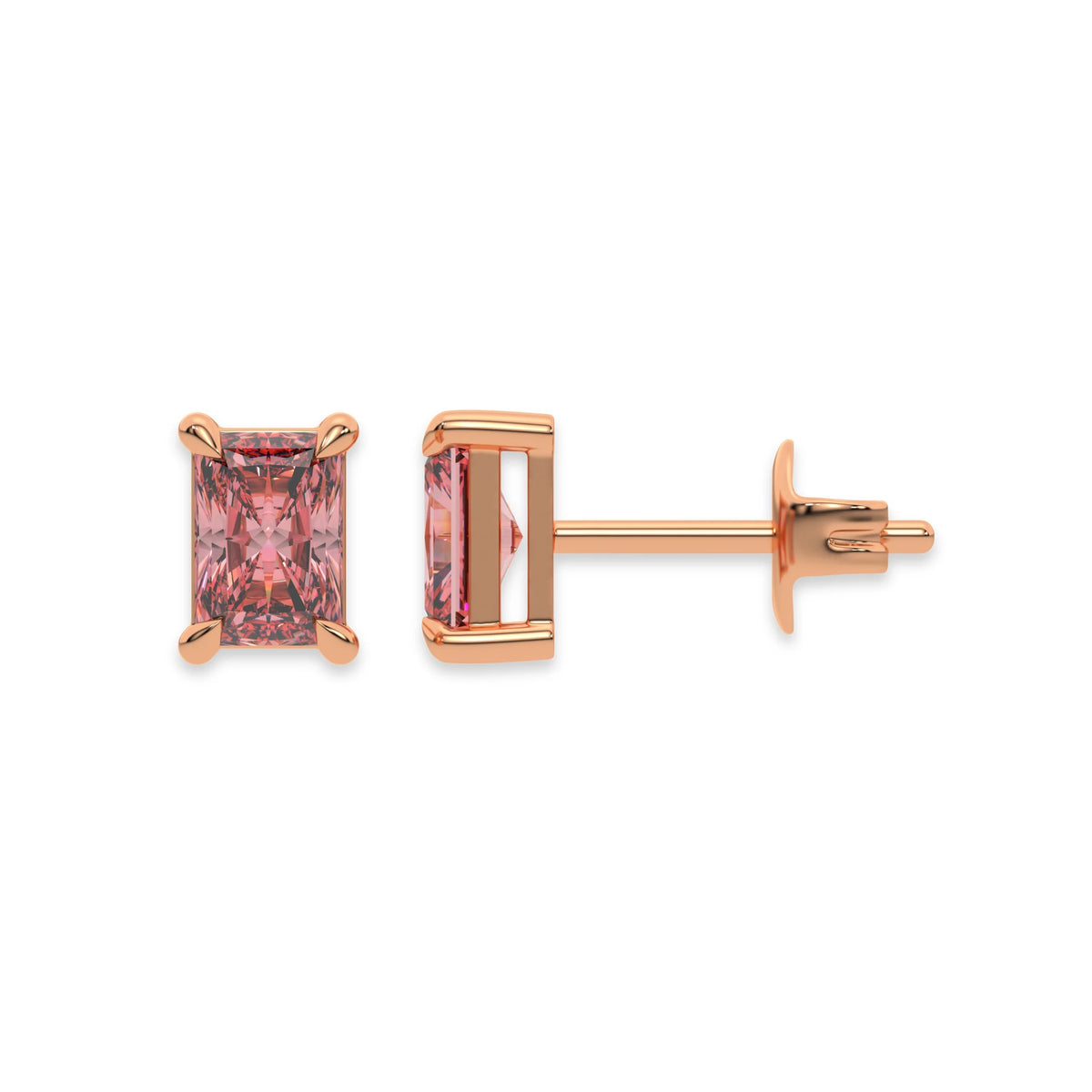 This rose gold Classic Radiant Diamond Earrings made with a fancy pink radiant-cut diamonds set in a four prong setting in top view and side view