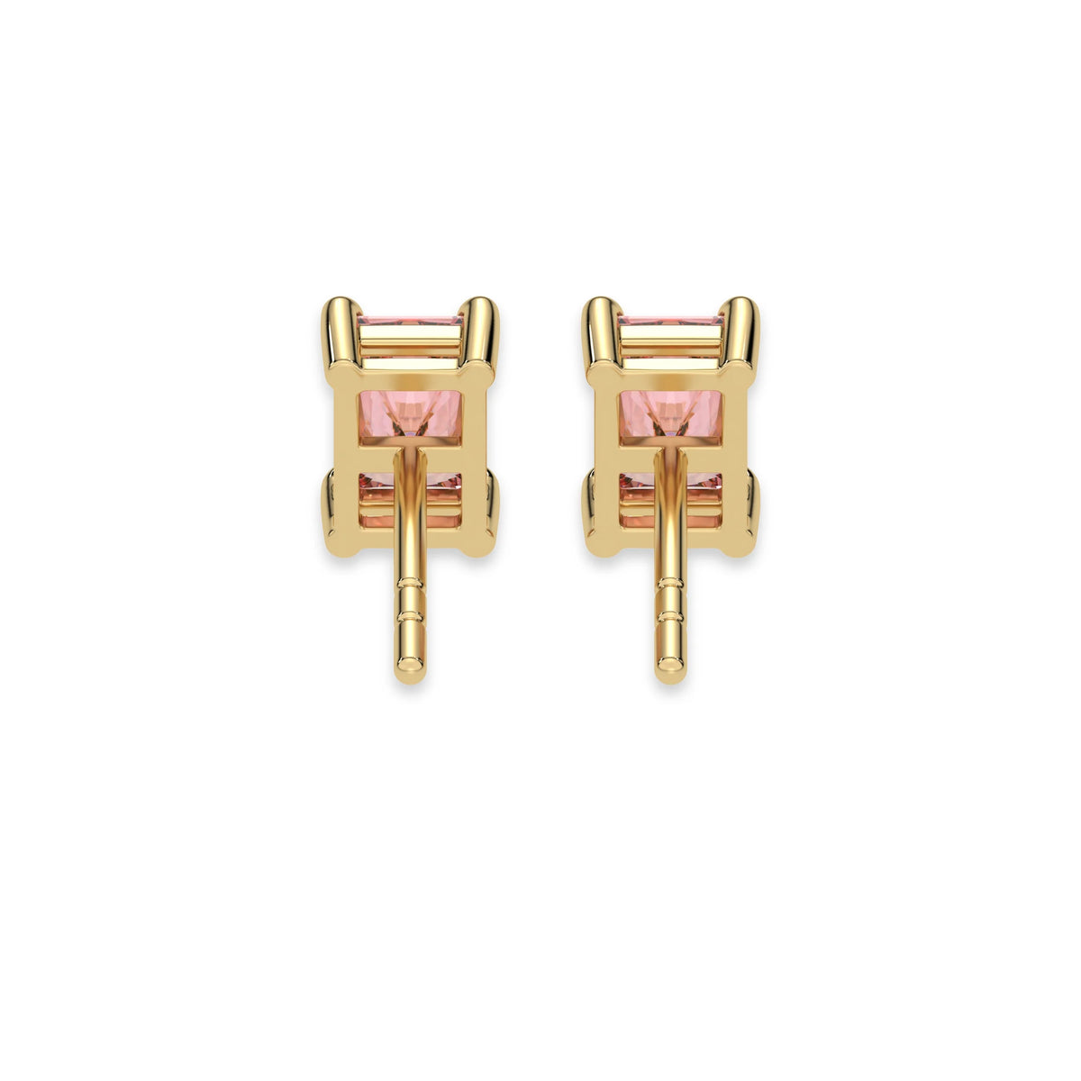 This yellow gold Classic Radiant Diamond Earrings made with a fancy pink radiant-cut diamonds set in a four prong setting in back view