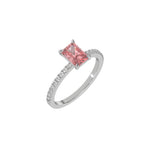 This white gold ring displayed in 3d view is made with a radiant solitaire diamond set in four-prong setting