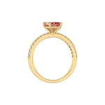 This yellow gold ring displayed in through finger view is made with a radiant solitaire diamond set in four-prong setting