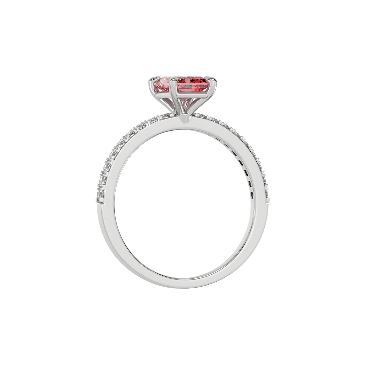 This white gold ring displayed in through finger view is made with a radiant solitaire diamond set in four-prong setting