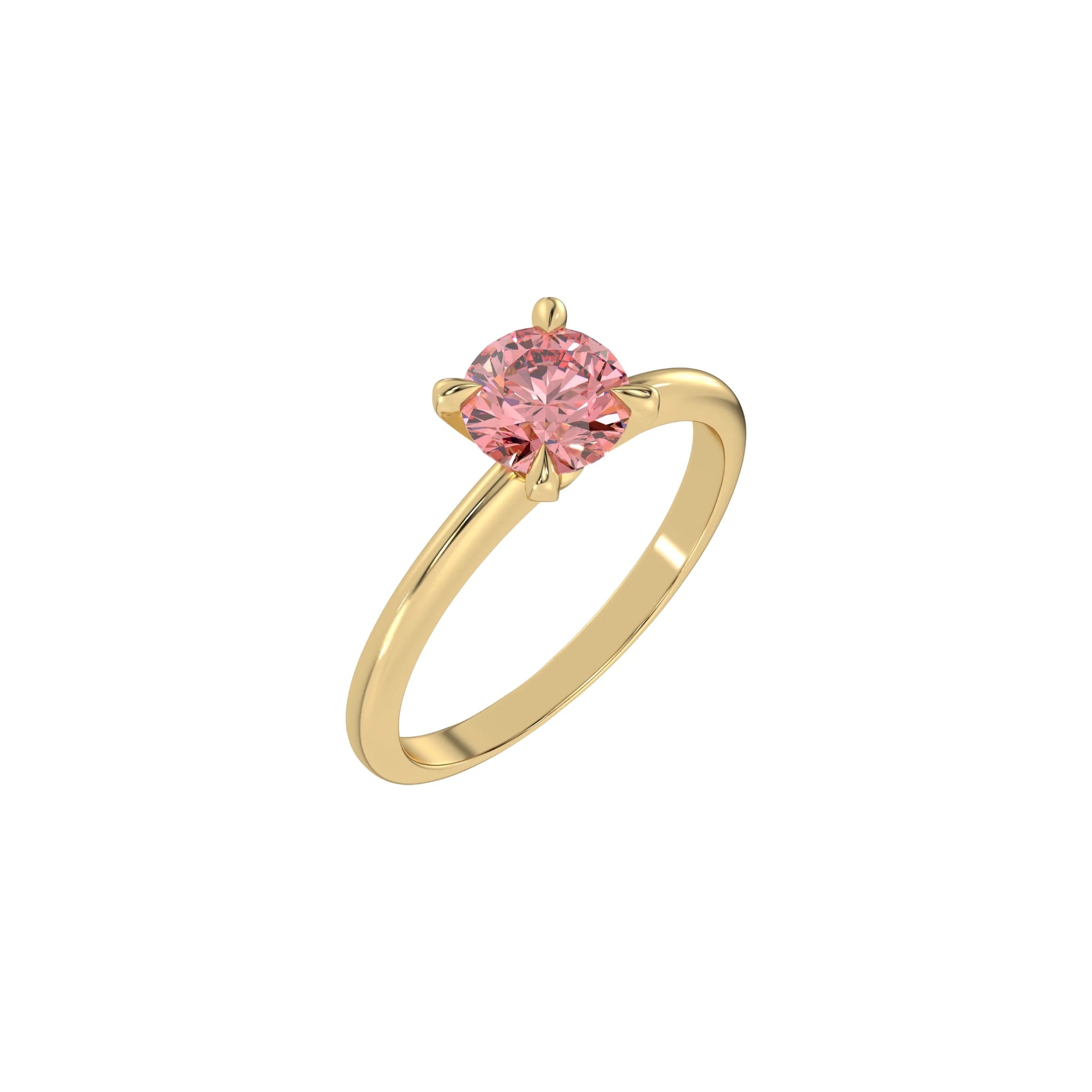 This yellow gold ring features a fancy Pink round solitaire diamond elegantly secured in a four-prong setting on a solid gold band in 3D view