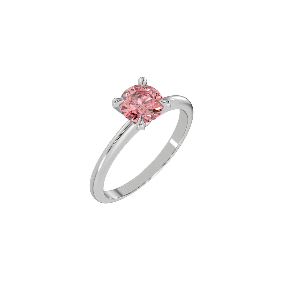 This white gold ring features a fancy Pink round solitaire diamond elegantly secured in a four-prong setting on a solid gold band in 3D view