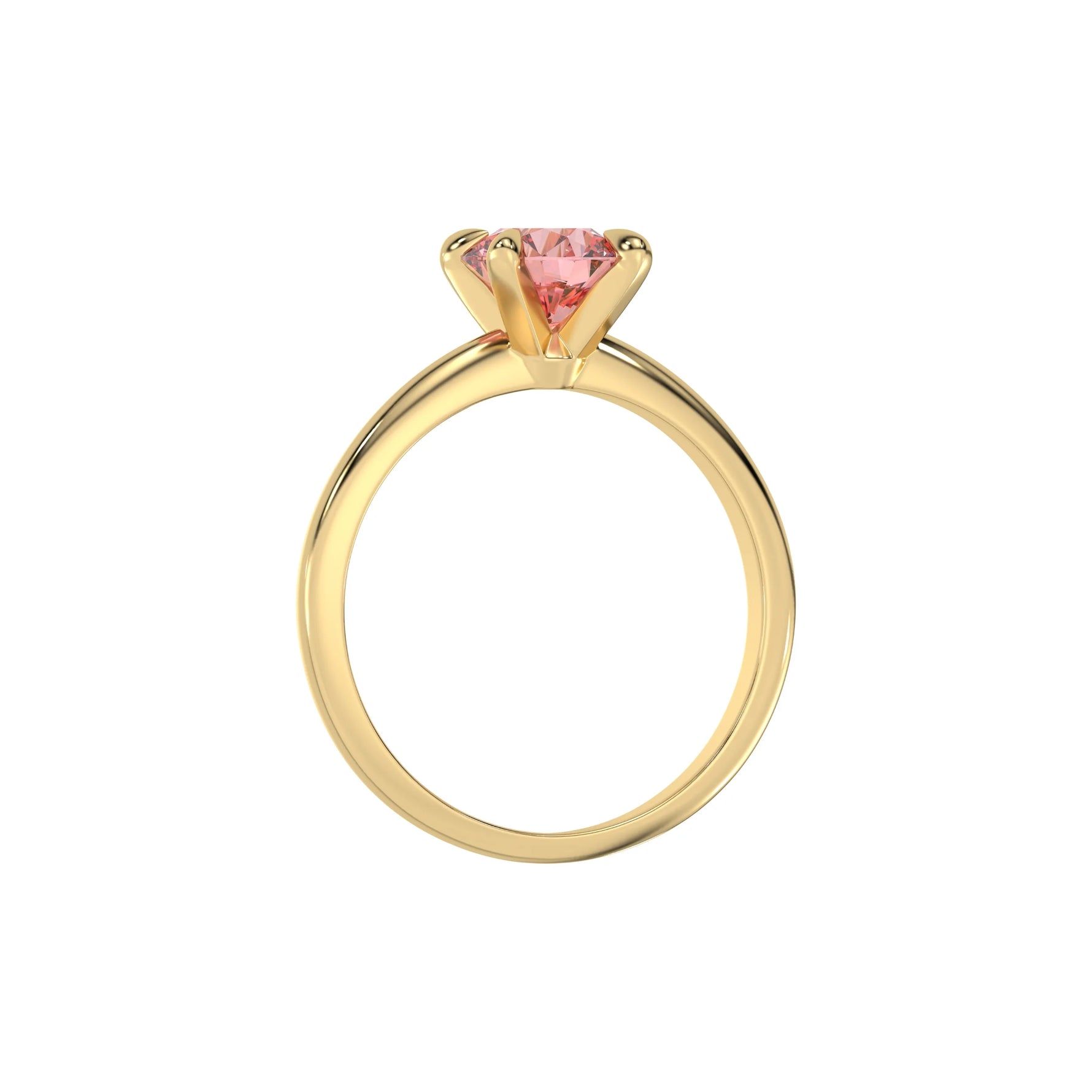 This yellow gold ring features a fancy Pink round solitaire diamond elegantly secured in a four-prong setting on a solid gold band in through finger view