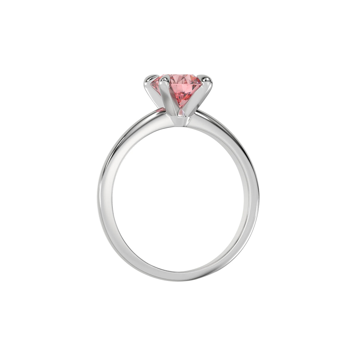 This white gold ring features a fancy Pink round solitaire diamond elegantly secured in a four-prong setting on a solid gold band in through finger view