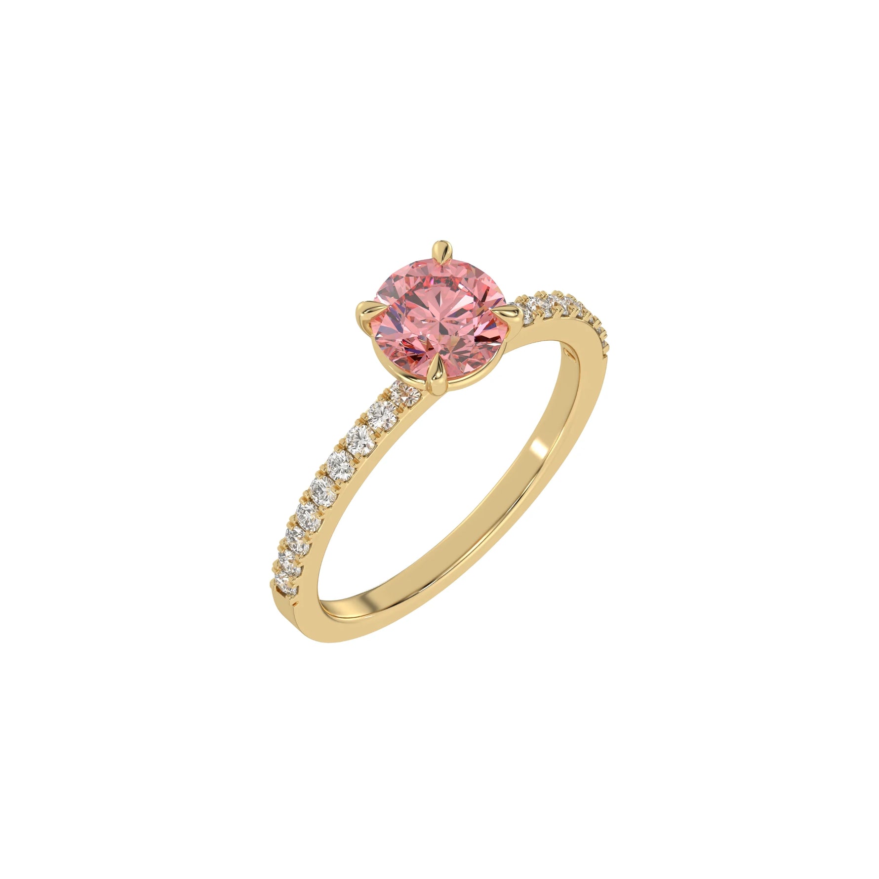 This yellow gold ring is made with a fancy Pink round solitaire diamond set in four-prong setting in 3D view