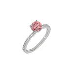 This white gold ring is made with a fancy Pink round solitaire diamond set in four-prong setting in 3D view