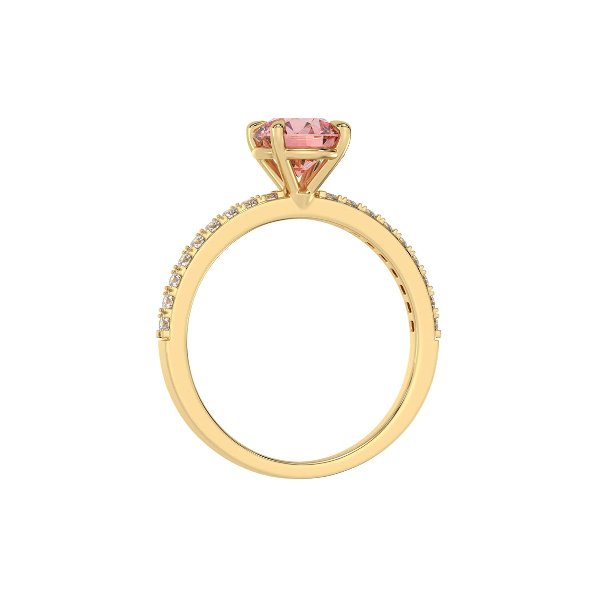 This yellow gold ring is made with a fancy Pink round solitaire diamond set in four-prong setting in through finger view