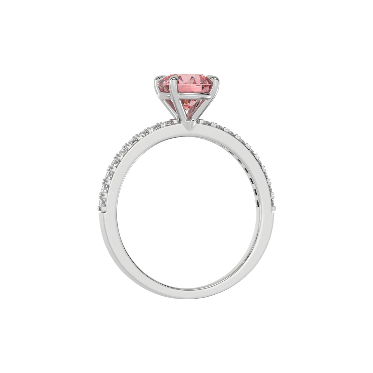 This white gold ring is made with a fancy Pink round solitaire diamond set in four-prong setting in through finger view