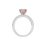 This white gold ring is made with a fancy Pink round solitaire diamond set in four-prong setting in through finger view