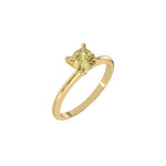 This yellow gold ring features a fancy Yellow cushion solitaire diamond elegantly secured in a four-prong setting on a solid gold band in 3D view