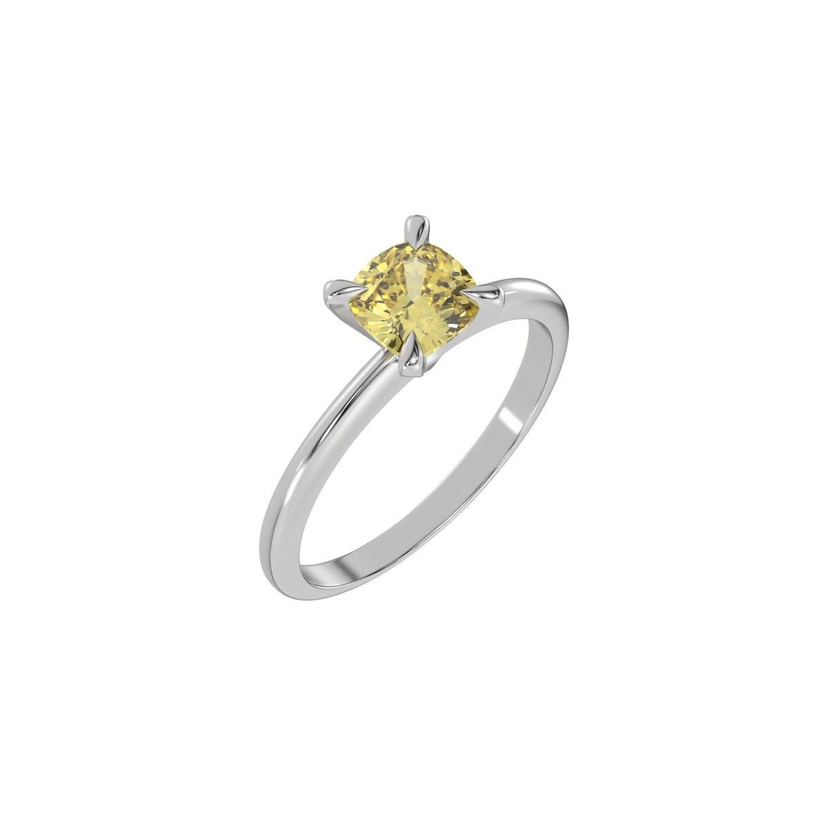 This white gold ring features a fancy Yellow cushion solitaire diamond elegantly secured in a four-prong setting on a solid gold band in 3D view