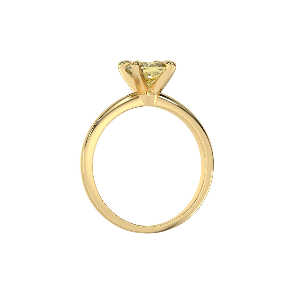 This yellow gold ring features a fancy Yellow cushion solitaire diamond elegantly secured in a four-prong setting on a solid gold band in through finger view