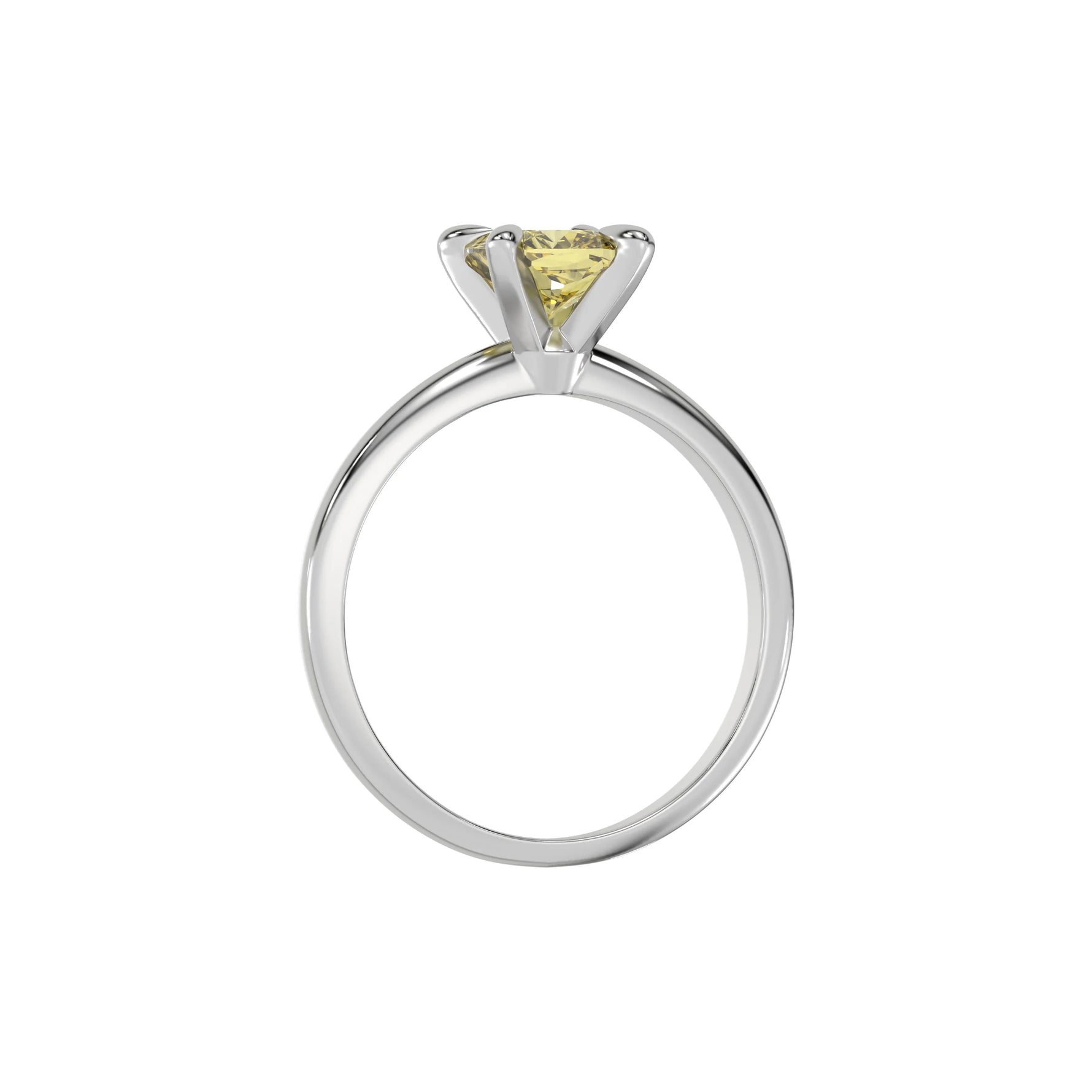 This white gold ring features a fancy Yellow cushion solitaire diamond elegantly secured in a four-prong setting on a solid gold band in through finger view