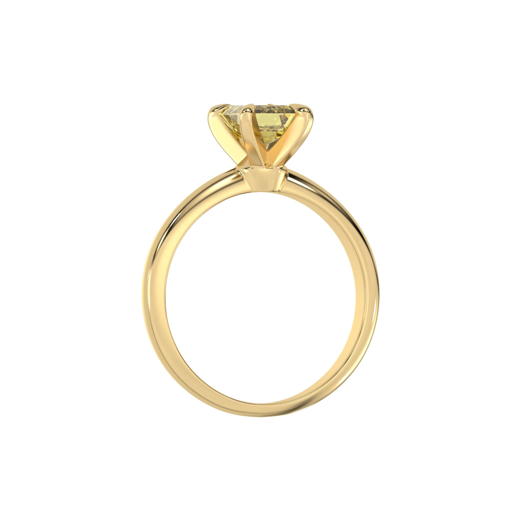 This yellow gold ring features an fancy Yellow emerald solitaire diamond elegantly secured in a four-prong setting on a solid gold band in through finger view