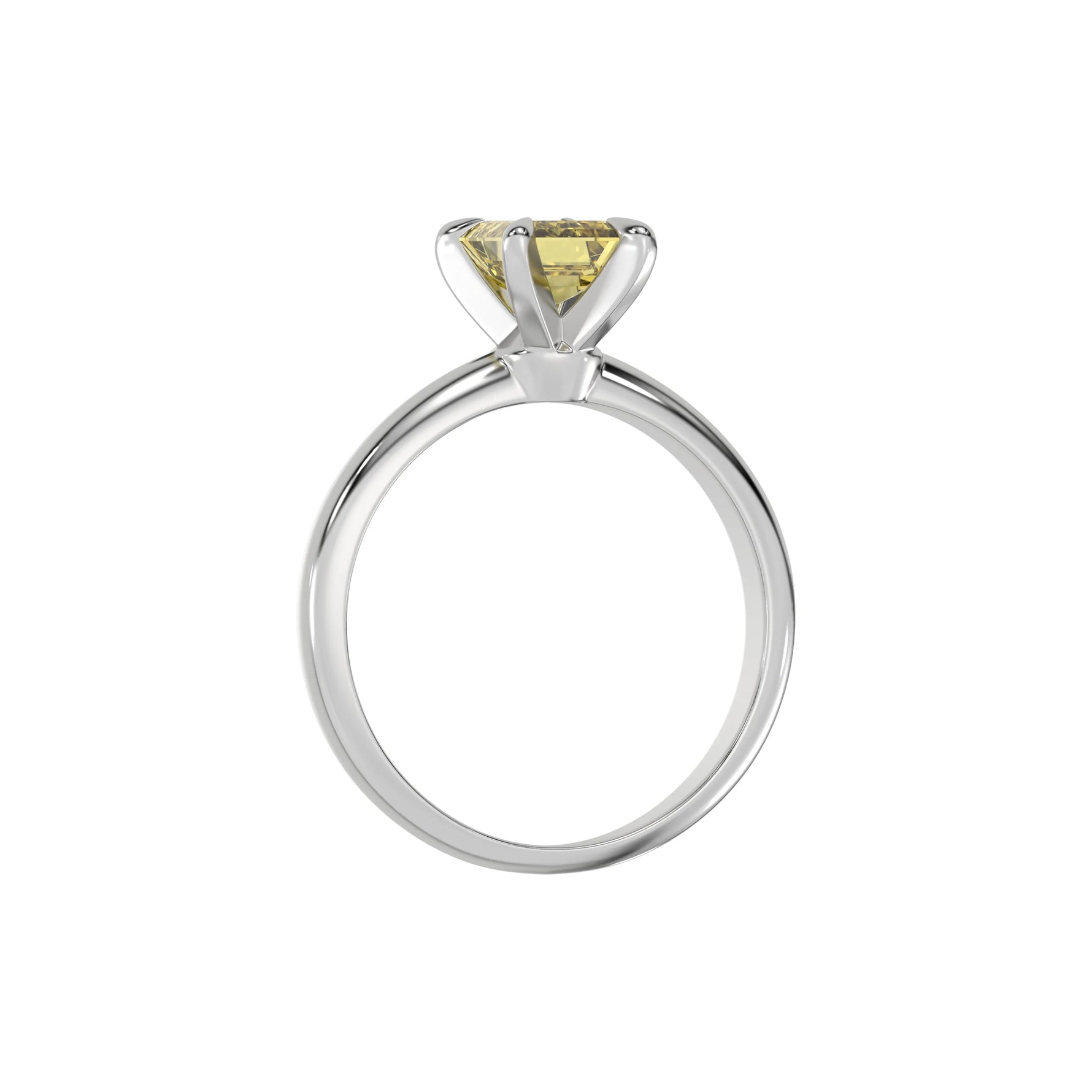 This white gold ring features an fancy Yellow emerald solitaire diamond elegantly secured in a four-prong setting on a solid gold band in through finger view