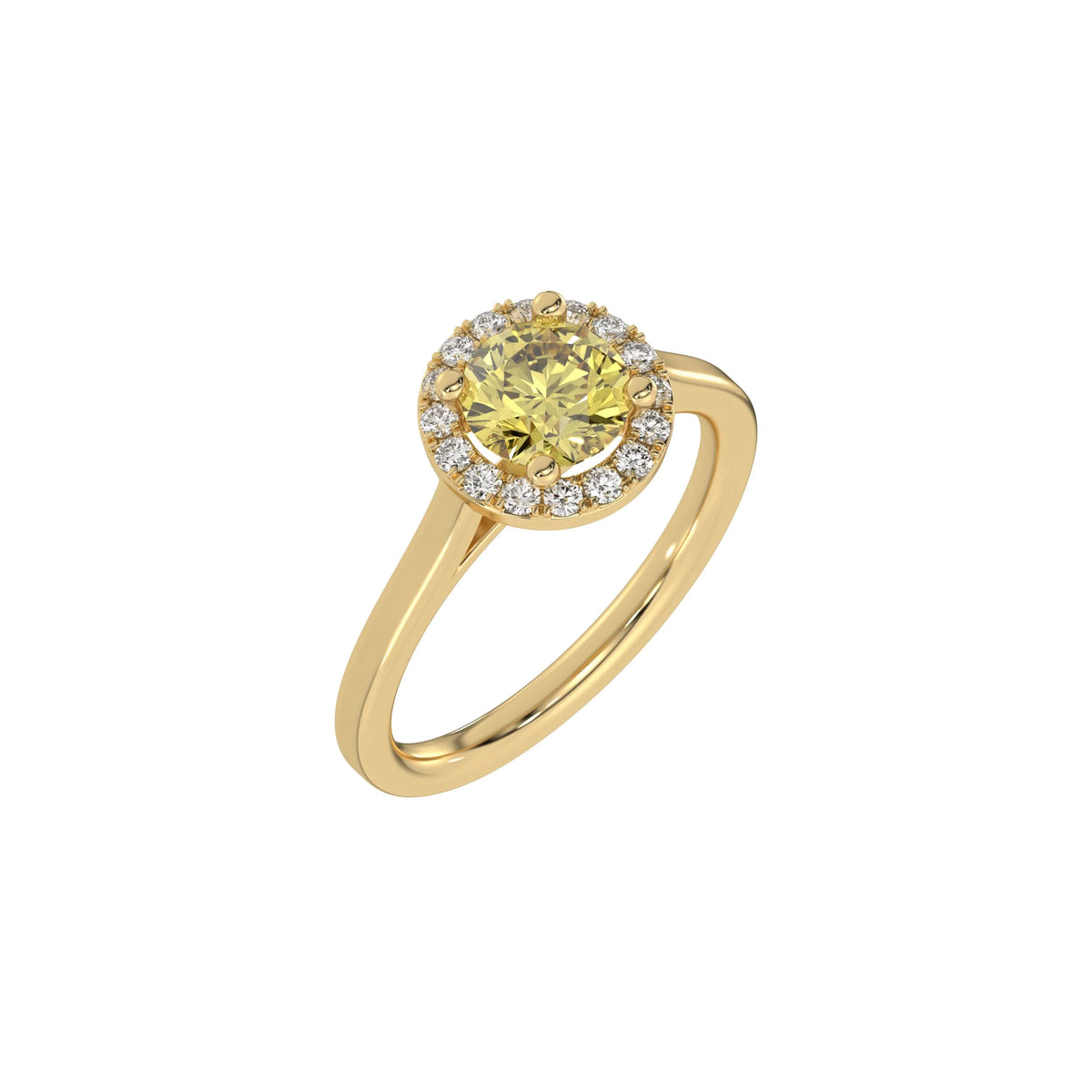 This yellow gold ring features a fancy Yellow  round solitaire diamond set in a four-prong setting in 3D view