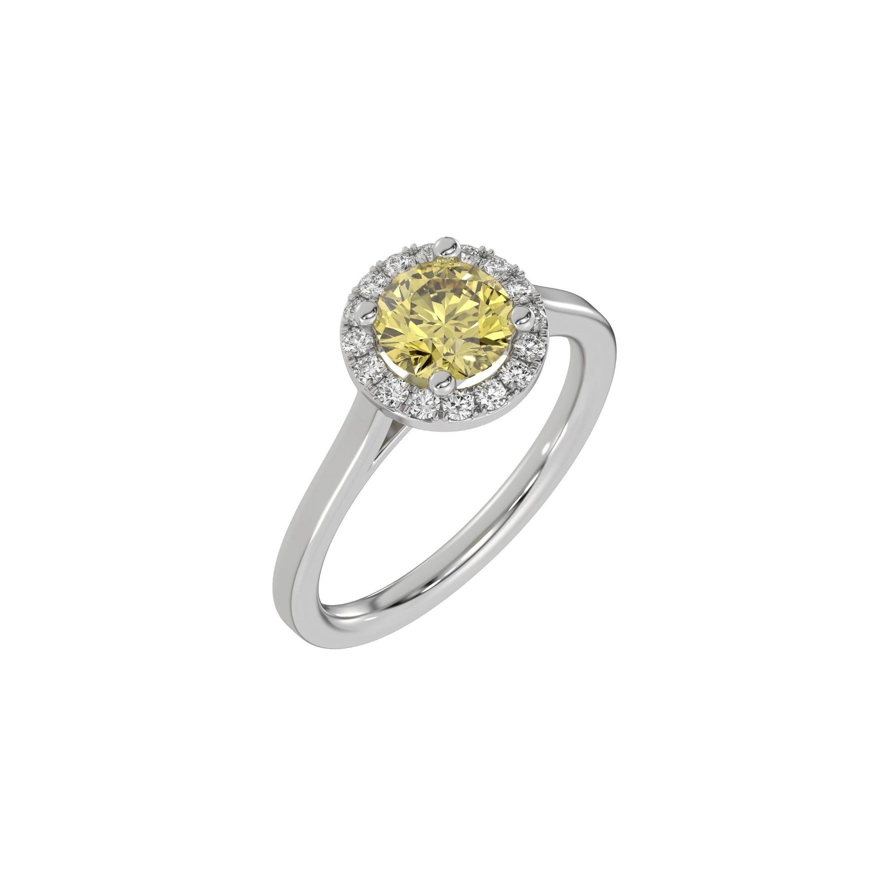 This white gold ring features a fancy Yellow round solitaire diamond set in a four-prong setting in 3D view