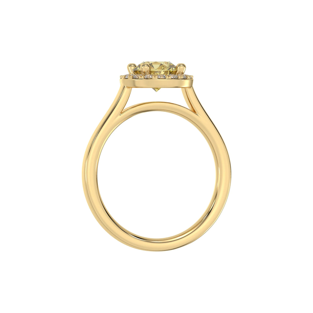 This yellow gold ring features a fancy Yellow round solitaire diamond set in a four-prong setting in through finger view