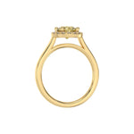 This yellow gold ring features a fancy Yellow round solitaire diamond set in a four-prong setting in through finger view