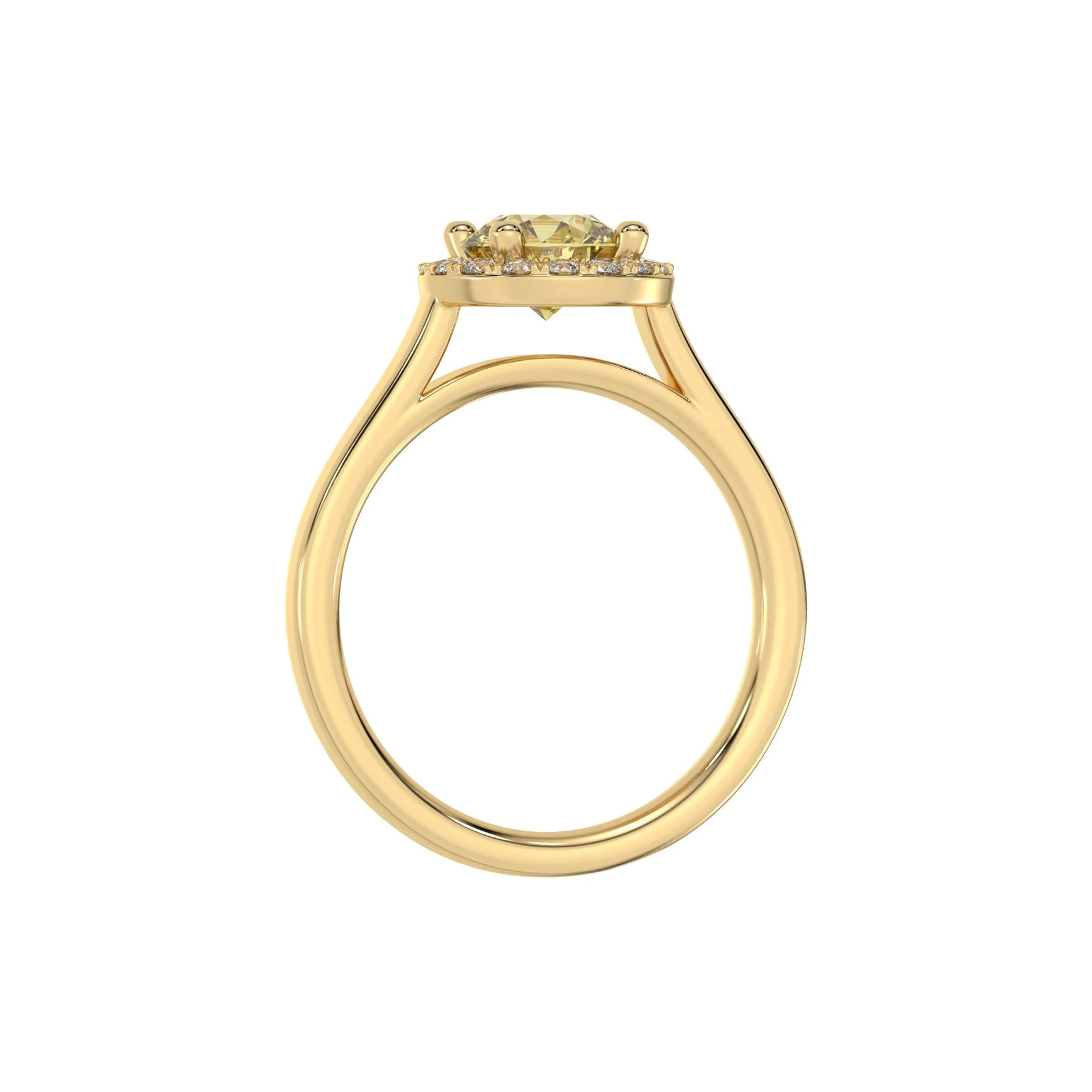 This yellow gold ring features a fancy Yellow round solitaire diamond set in a four-prong setting in through finger view