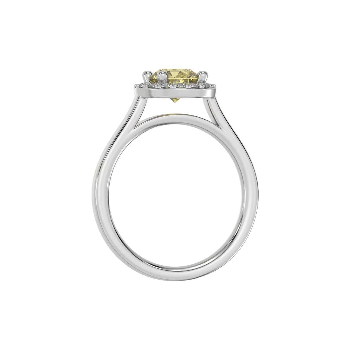 This white gold ring features a fancy Yellow round solitaire diamond set in a four-prong setting in through finger view