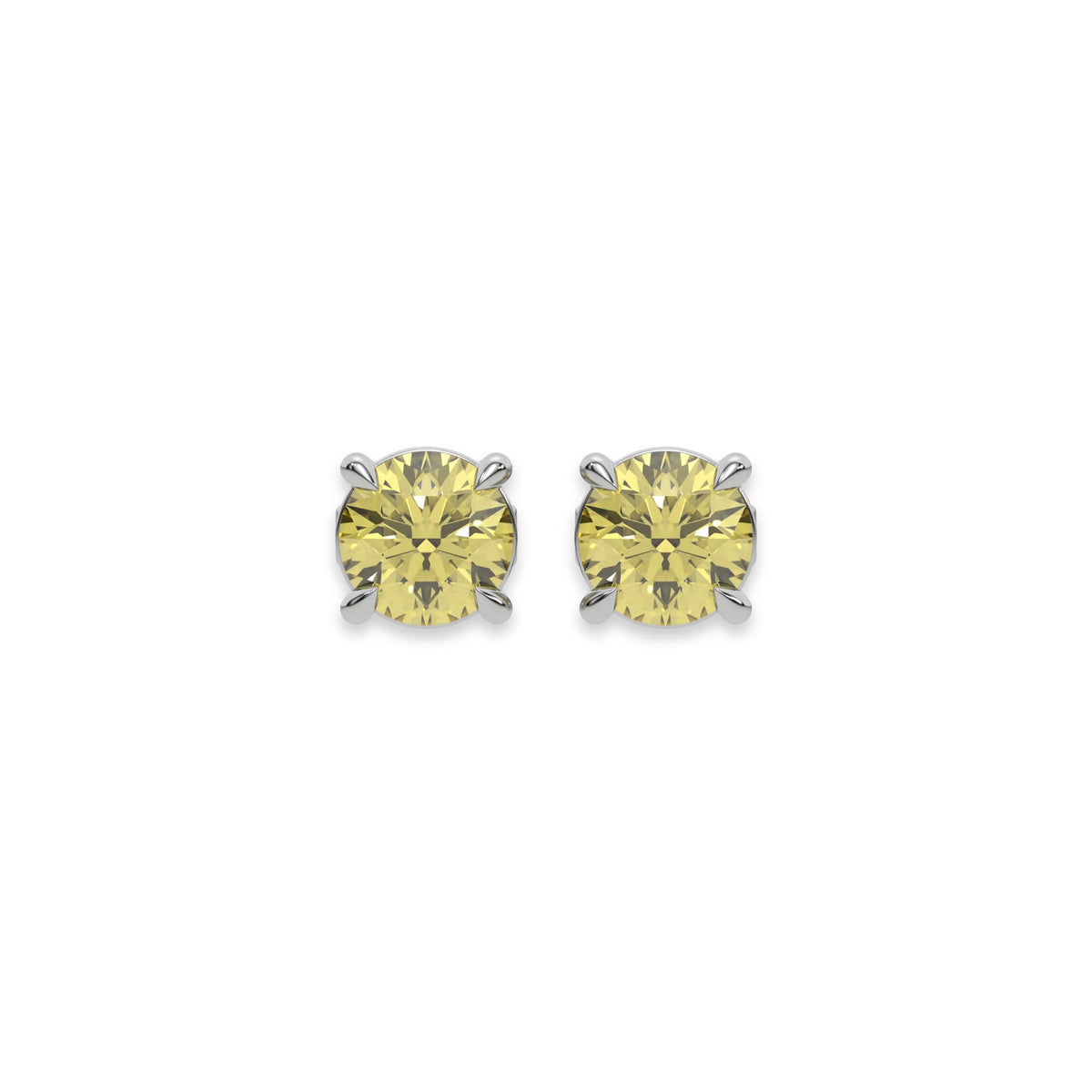 18k white gold Round Diamond Studs made with fancy yellow round brilliant-cut diamonds set in a four prong setting