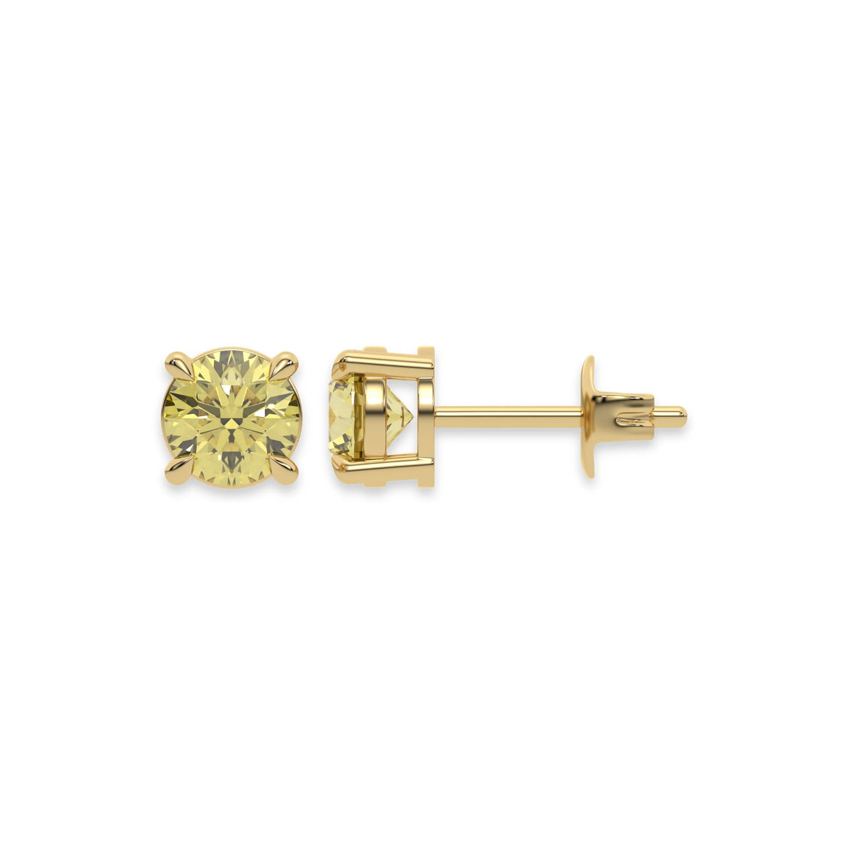14k yellow gold Round Diamond Studs made with fancy yellow round brilliant-cut diamonds set in a four prong setting
