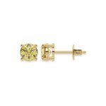 This yellow gold Classic Round Diamond Studs made with fancy yellow round brilliant-cut diamonds set in a four prong setting in top view and side view