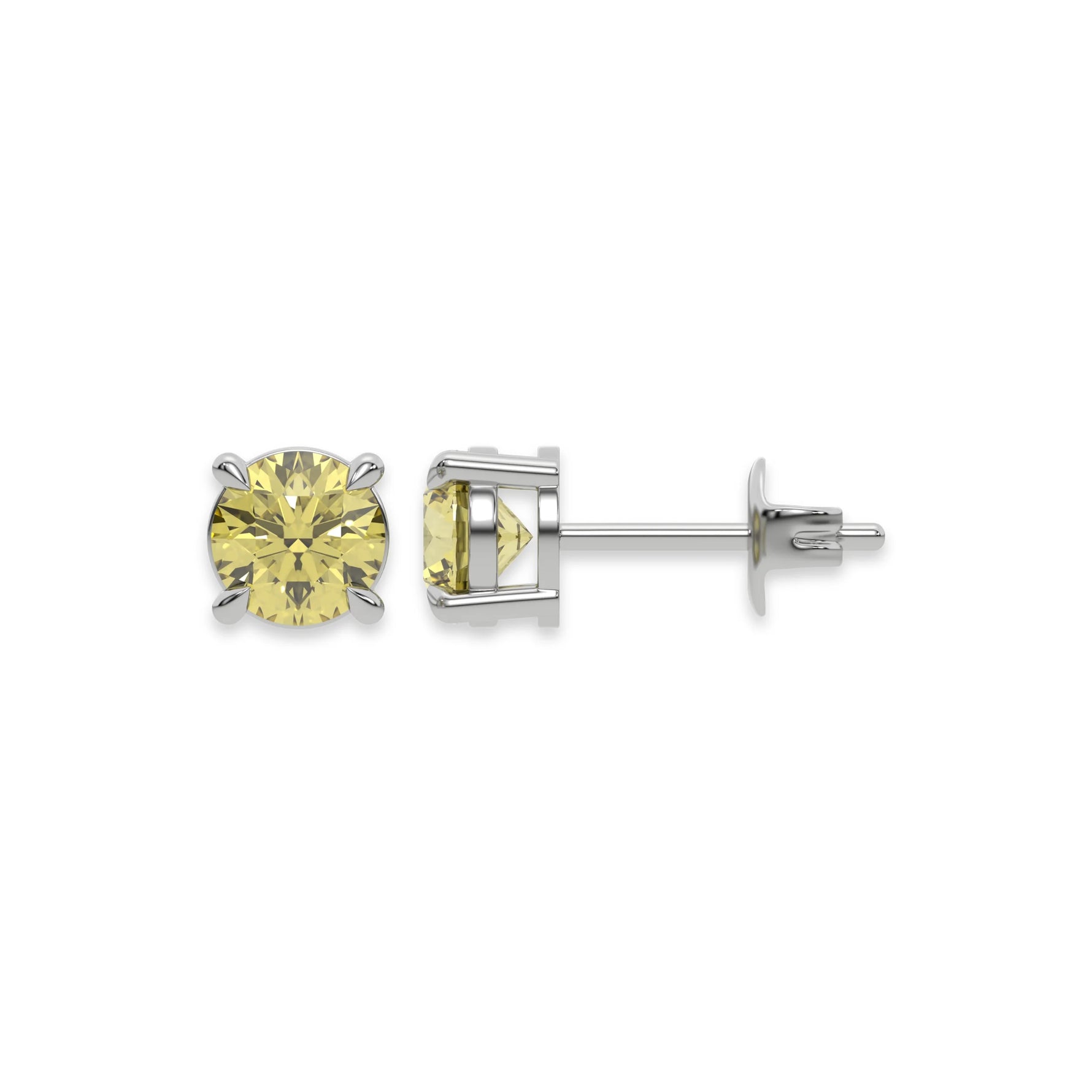 This white gold Classic Round Diamond Studs made with fancy yellow round brilliant-cut diamonds set in a four prong setting in top view and side view