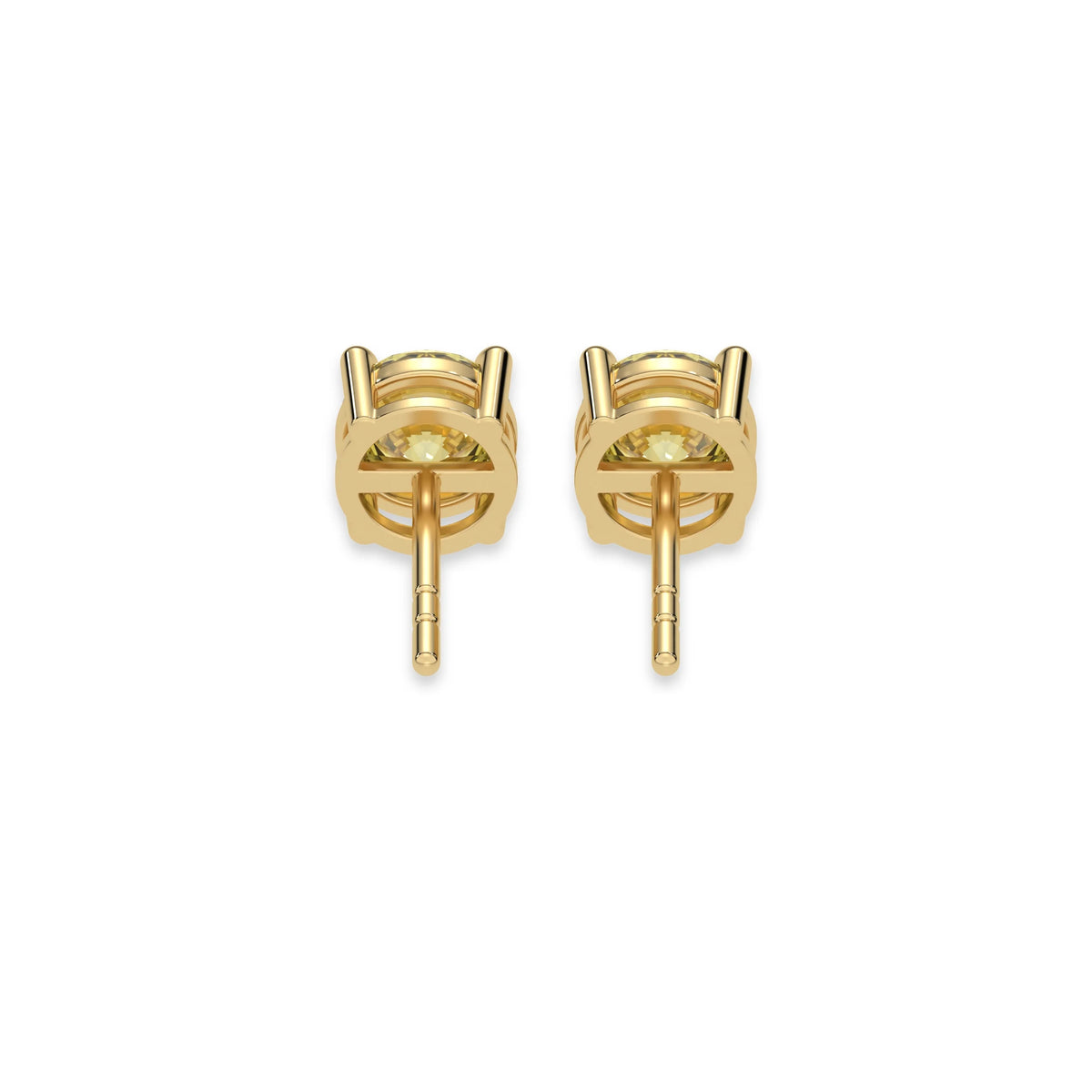 This yellow gold Classic Round Diamond Studs made with fancy yellow round brilliant-cut diamonds set in a four prong setting in back view