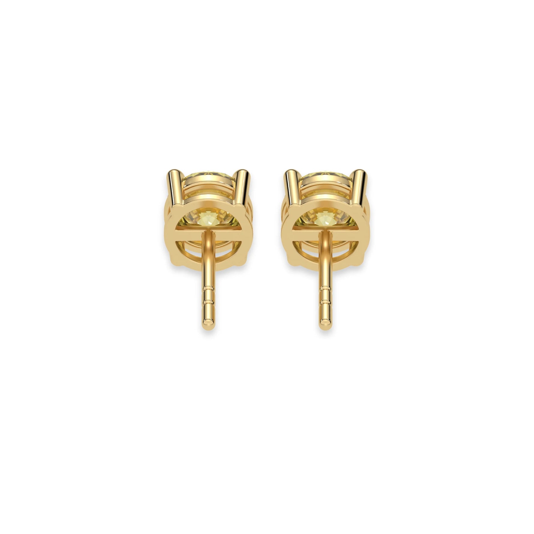 This yellow gold Classic Round Diamond Studs made with fancy yellow round brilliant-cut diamonds set in a four prong setting in back view