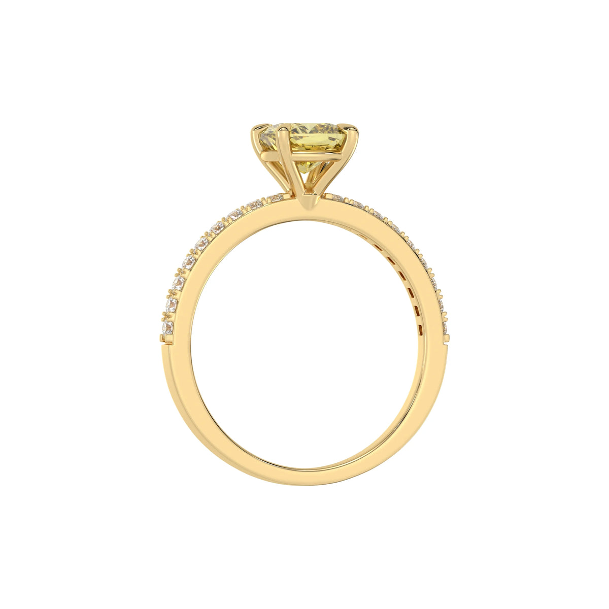 This yellow gold ring displayed in through finger view is made with a cushion solitaire diamond set in four-prong setting