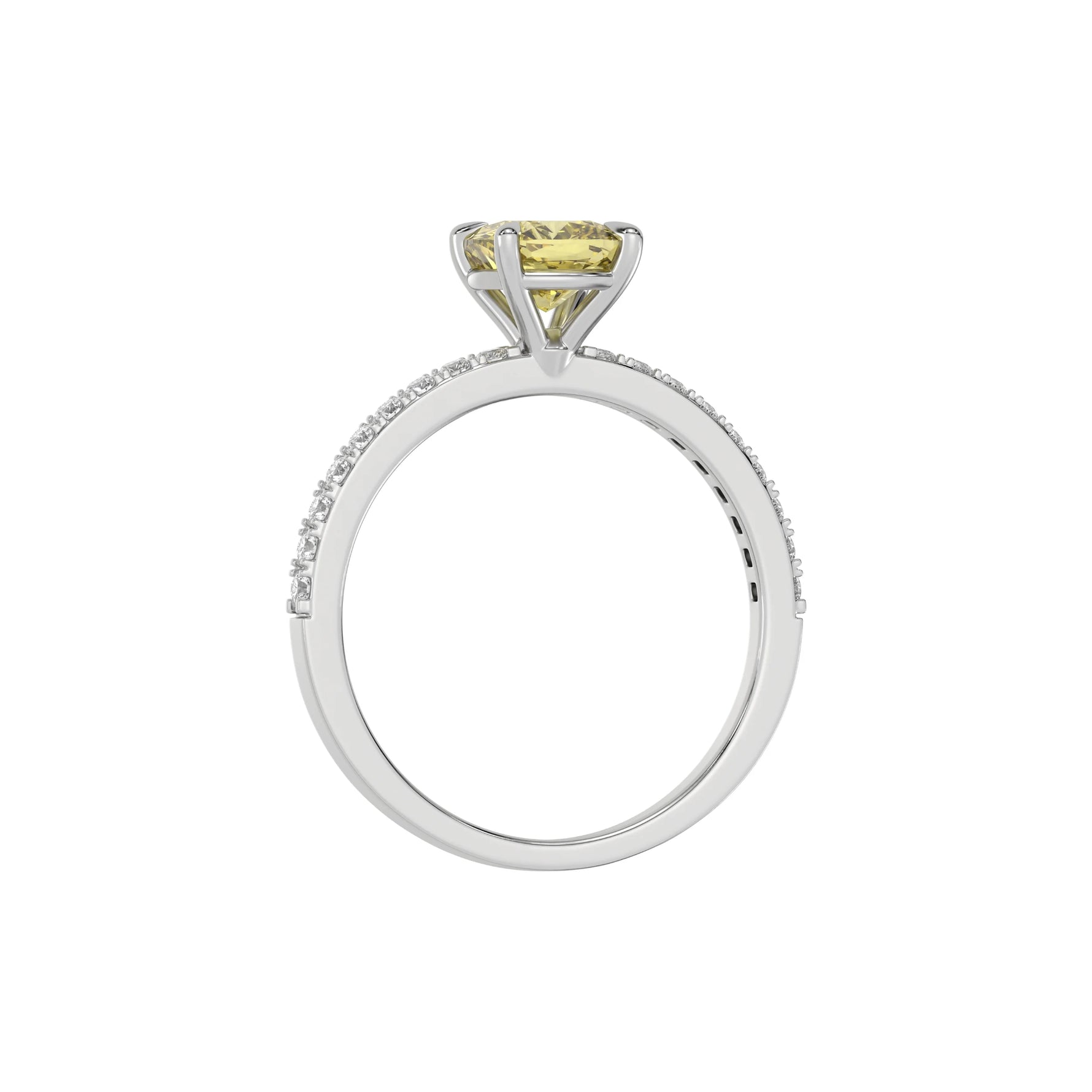 This white gold ring is made with a fancy Yellow cushion solitaire diamond set in four-prong setting in through finger view