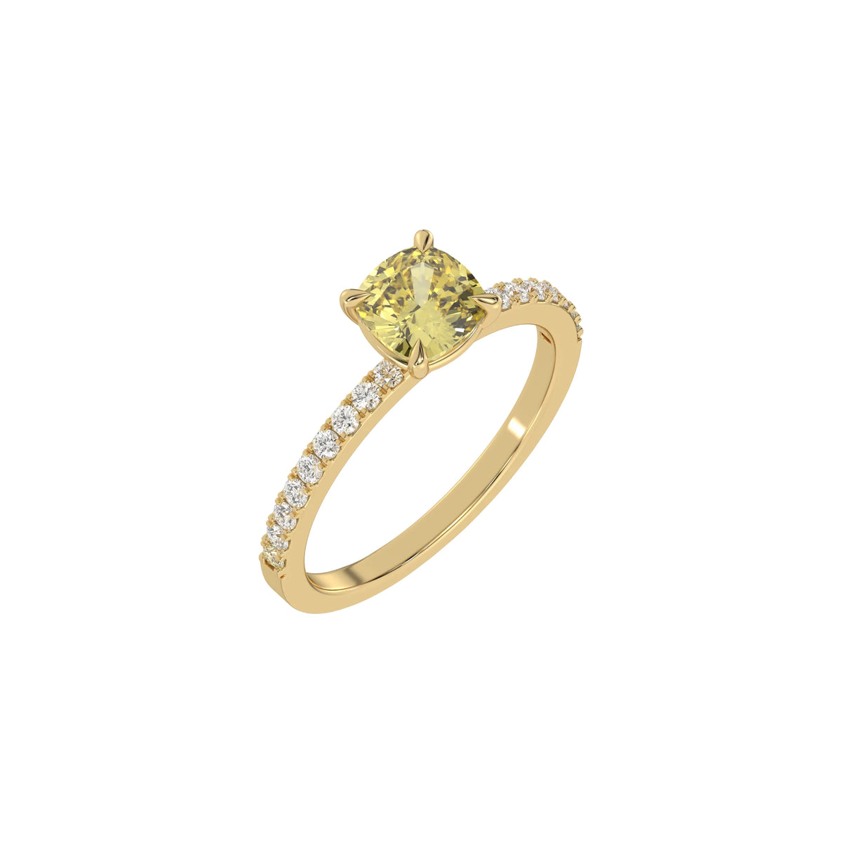 This yellow gold ring is made with a fancy Yellow cushion solitaire diamond set in four-prong setting in 3D view