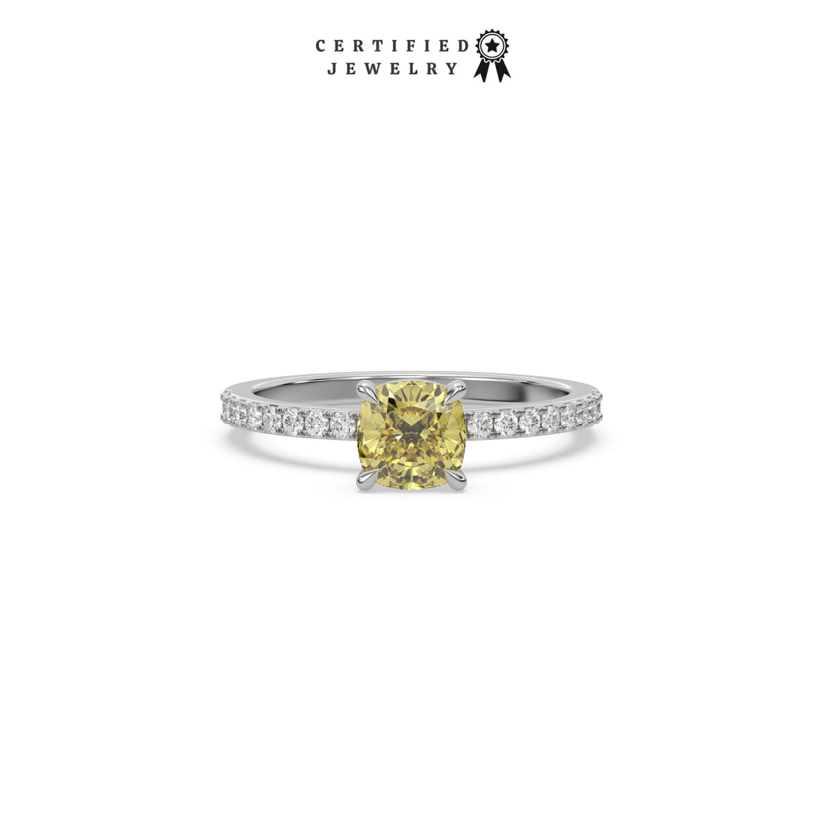 This White gold ring displayed in Front view is made with a cushion solitaire diamond set in four-prong setting