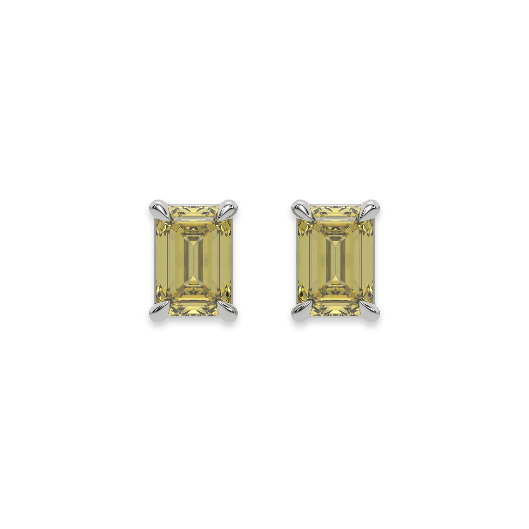 This white gold Classic Emerald Diamond Earrings made with an fancy yellow emerald-cut diamonds set in a four prong setting in top view