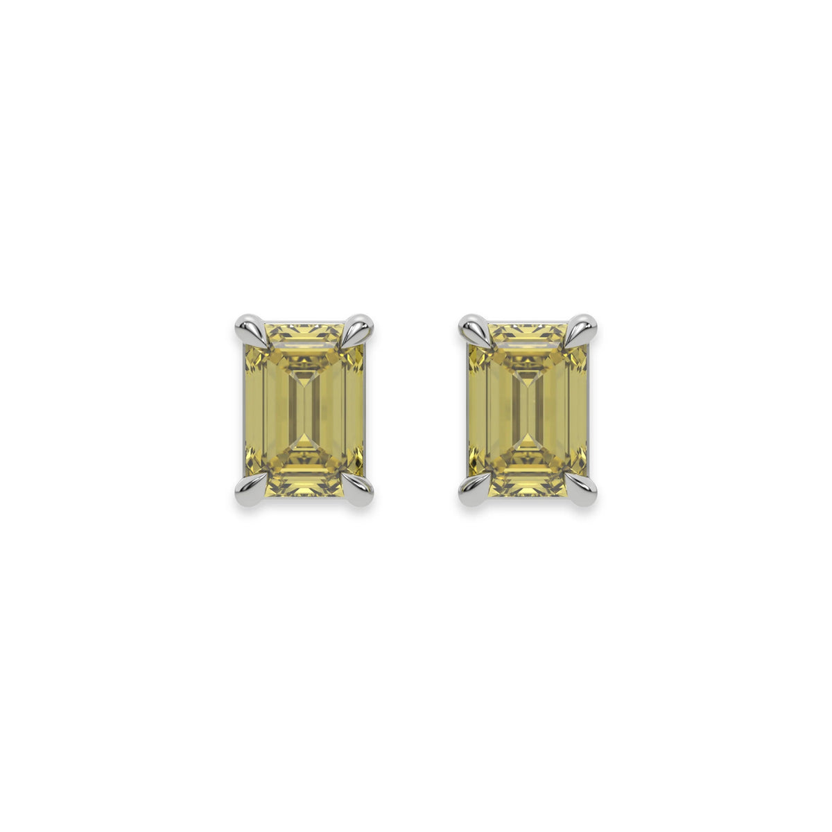 10k white gold Emerald Diamond Earrings made with an fancy yellow emerald-cut diamond set in a four prong setting