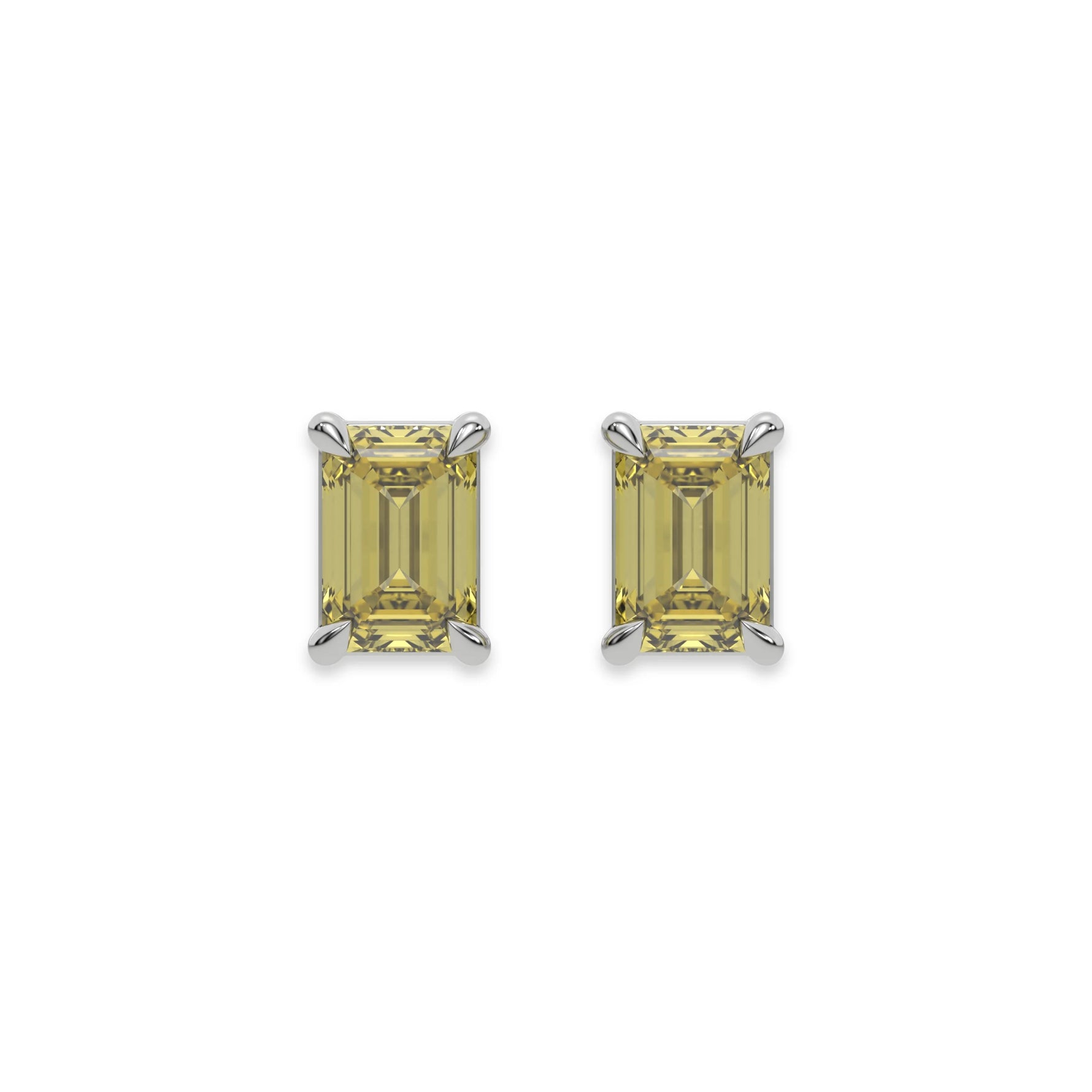 10k white gold Emerald Diamond Earrings made with an fancy yellow emerald-cut diamond set in a four prong setting