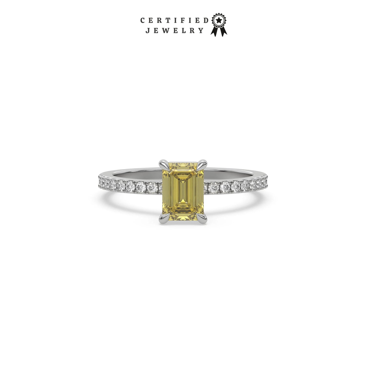 This white gold ring displayed in front view is made with a emerald solitaire diamond set in four-prong setting