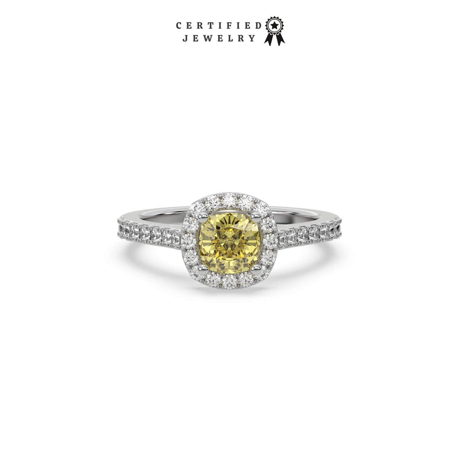 This white gold ring displayed in front view is made with a cushion solitaire diamond set in four-prong setting