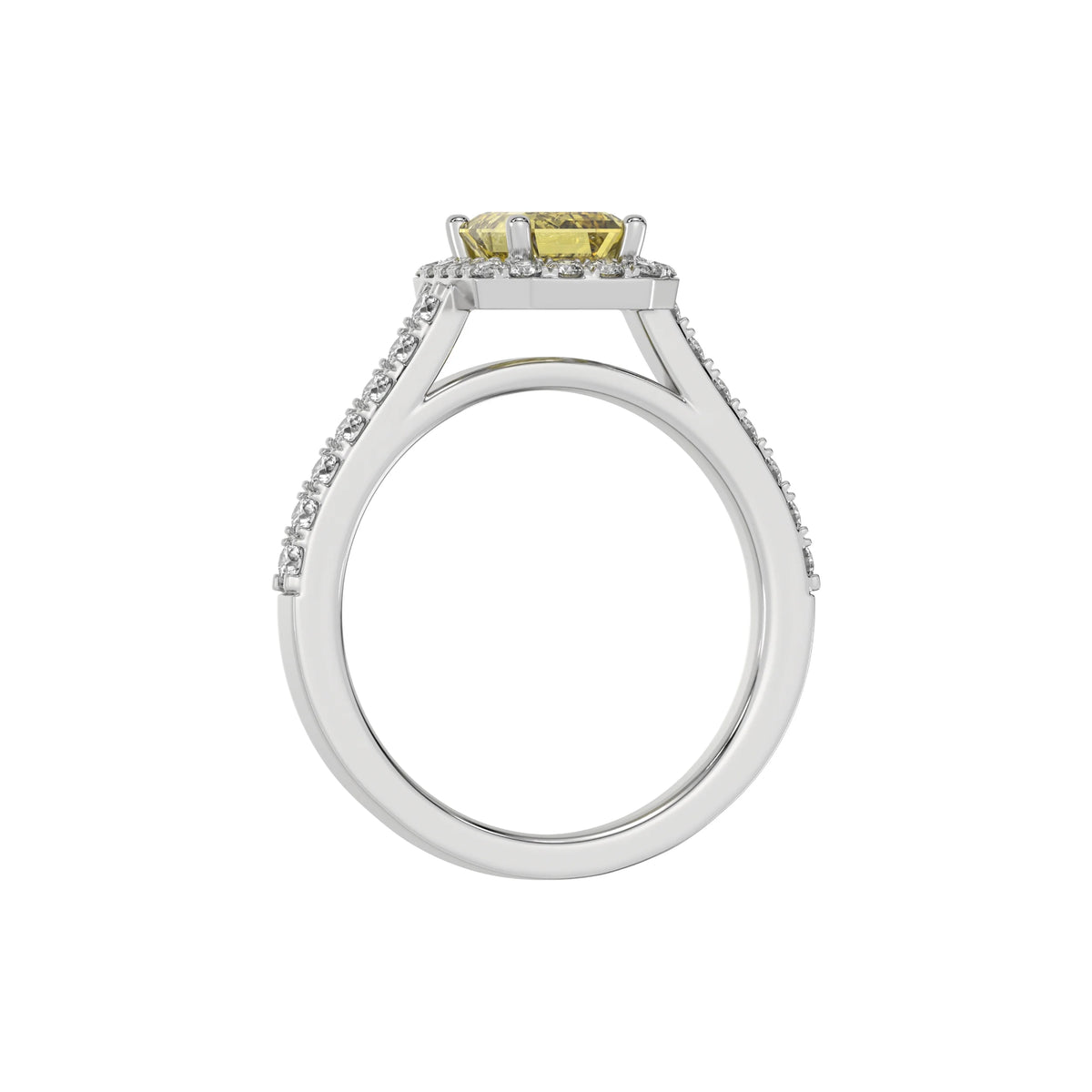 This white gold Emerald Diamond Halo Engagement Ring is made with a fancy yellow emerald solitaire diamond set in a four-prong setting in through finger view