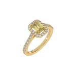 This yellow gold Emerald Diamond Halo Engagement Ring is made with a fancy yellow emerald solitaire diamond set in a four-prong setting in 3D view