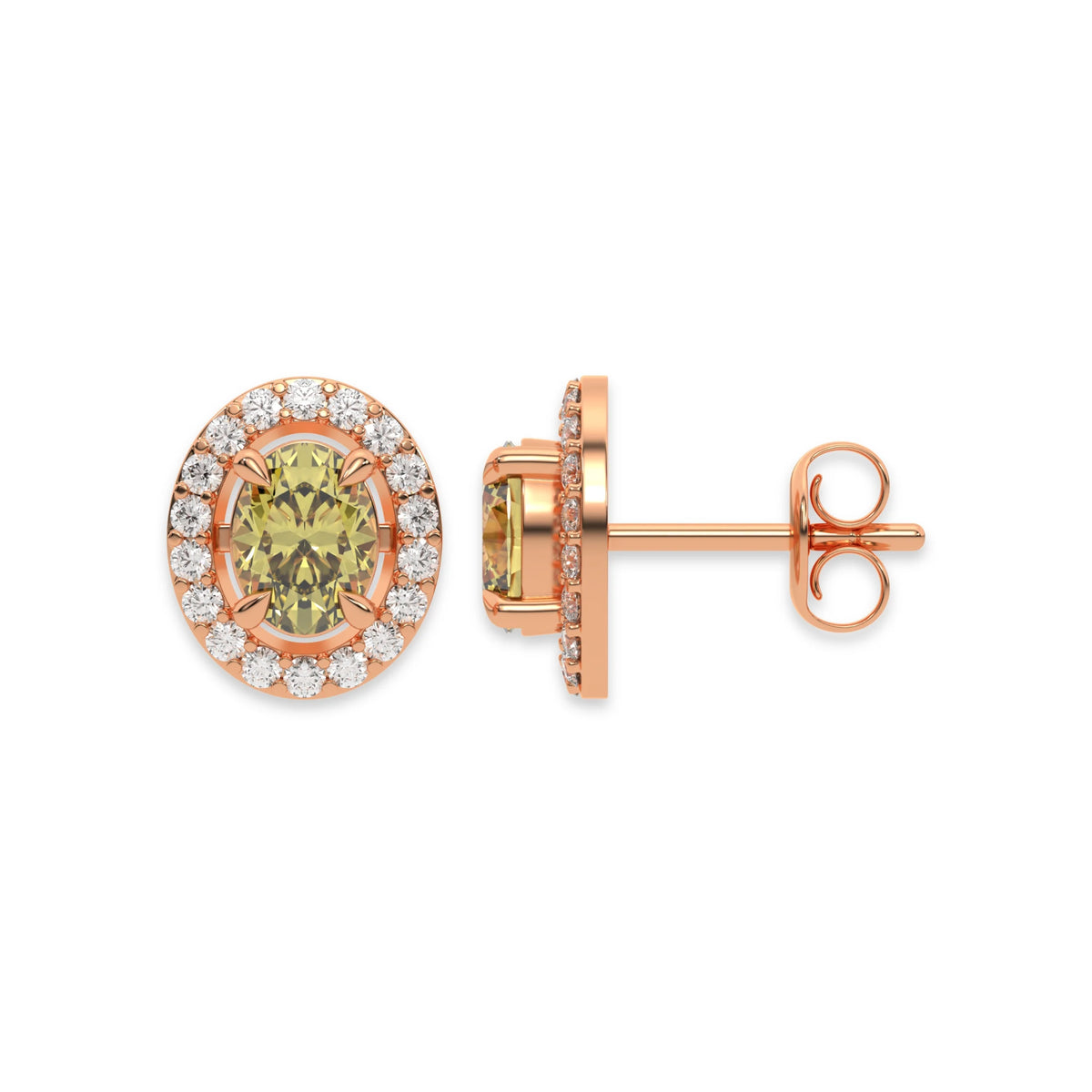 10k rose gold Oval Diamond Halo Earrings made with a fancy yellow oval cut solitaire diamonds set in a four prong setting 