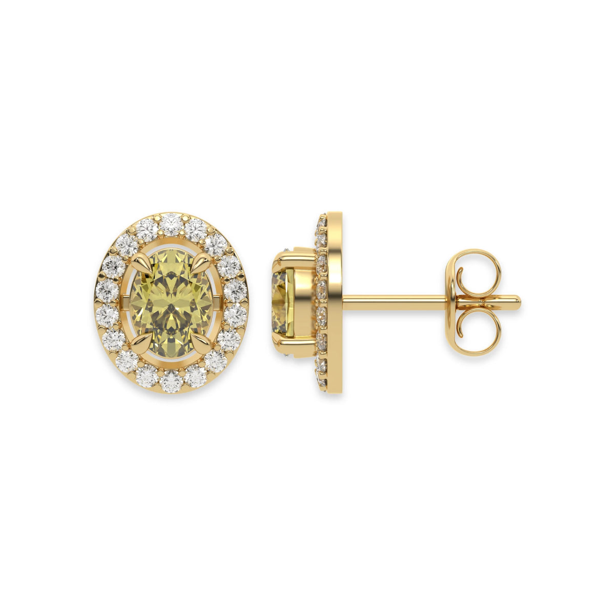 18k yellow gold Oval Diamond Halo Earrings made with a fancy yellow oval cut solitaire diamonds set in a four prong setting 