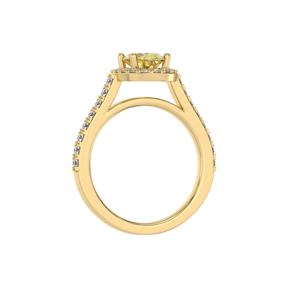 This yellow gold Oval Diamond Halo Engagement Ring is made with a fancy yellow oval solitaire diamond set in a four-prong setting, surrounded by a halo of round diamonds all set on a pave band in through finger view